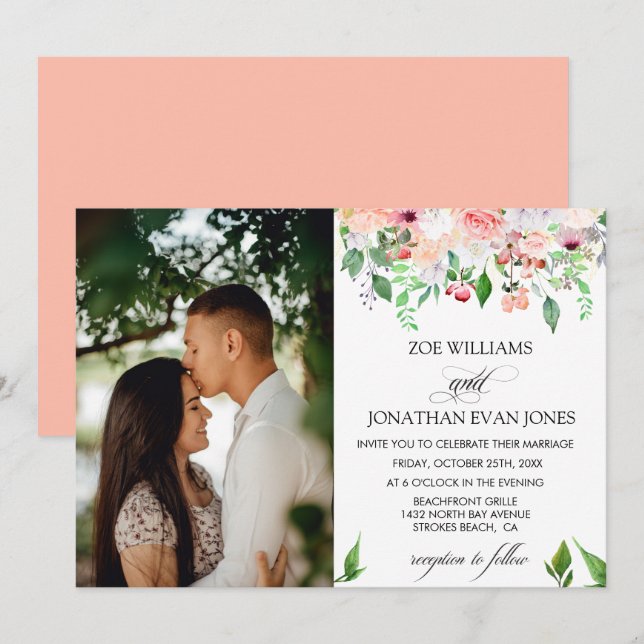 Blush Floral Greenery Personalized Photo Wedding Invitation (Front/Back)