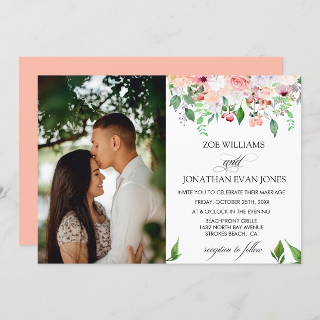 Blush Floral Greenery Personalized Photo Wedding Invitation (Front/Back)