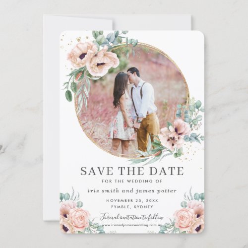 Blush Floral Greenery Photo Save the Date Card