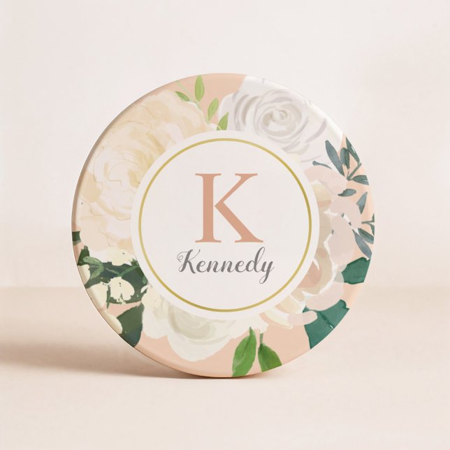 Blush Floral Greenery Rose Gold Monogram Coaster (Creator Uploaded)