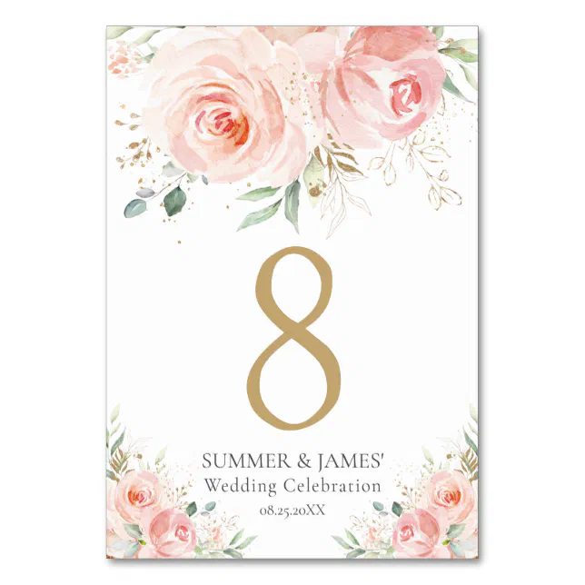 Blush Floral Greenery Wedding Bridal Baby Shower Table Number | Zazzle