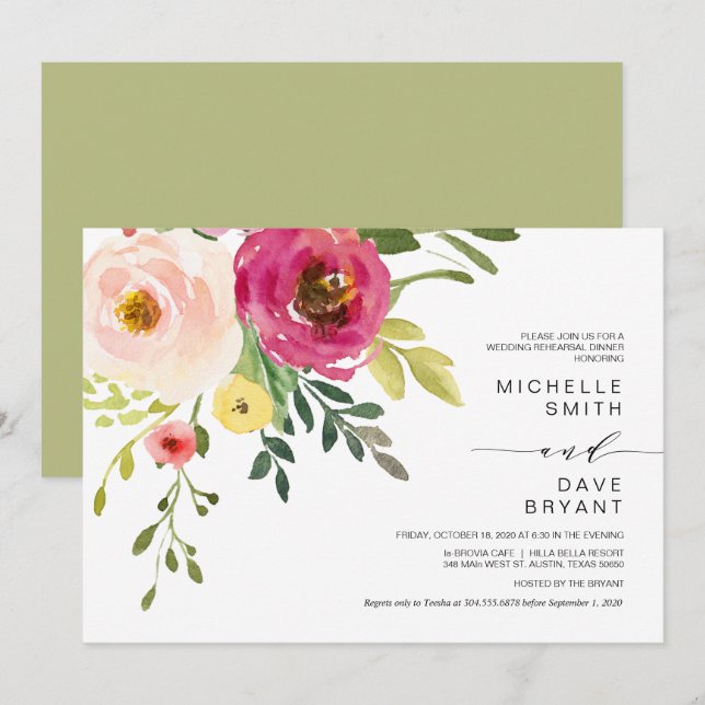 Blush Floral, Greenery, Wedding Rehearsal Dinner Invitation (Front/Back)