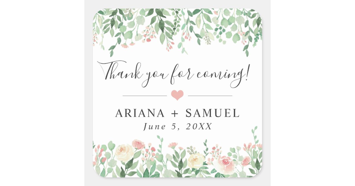 Blush Floral Greenery wedding thank you favor Square Sticker | Zazzle