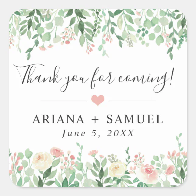 Blush Floral Greenery wedding thank you favor Square Sticker | Zazzle