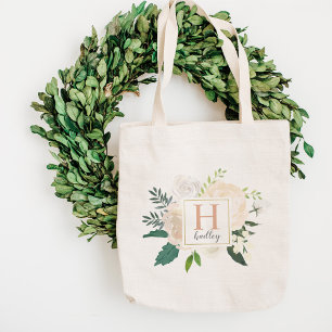 Blush Floral Greenery Wreath Wedding Monogram Tote Bag