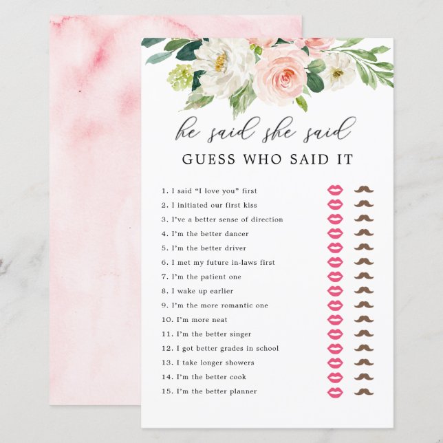 Blush Floral He Said She Said Guess Game Cards (Front/Back)