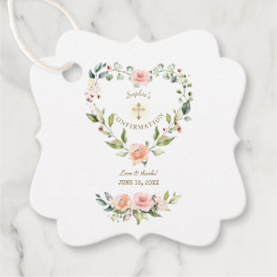 Blush Floral Heart Gold Cross Girl Confirmation Favor Tags