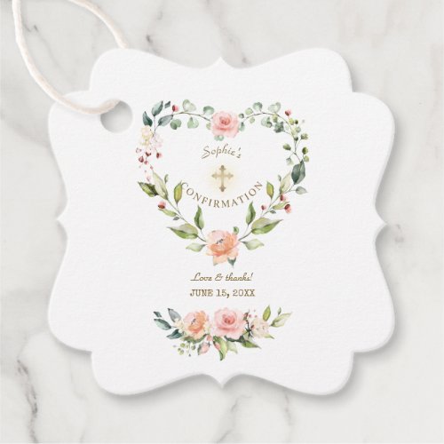 Blush Floral Heart Gold Cross Girl Confirmation Favor Tags