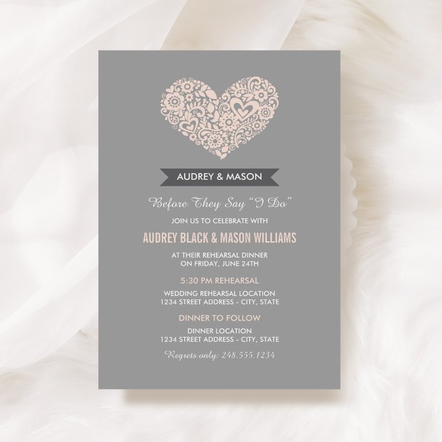 Blush Floral Heart Monogram Rehearsal Dinner Invitation (Creator Uploaded)