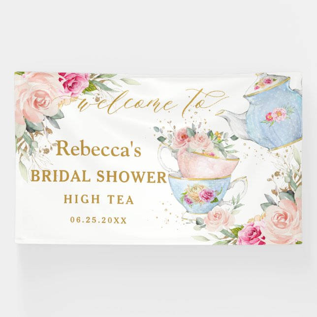 Blush Floral High Tea Party Bridal Shower Backdrop Banner (Horizontal)