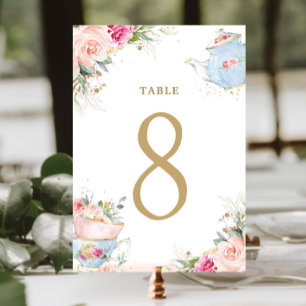 Blush Floral High Tea Party Bridal Table Number