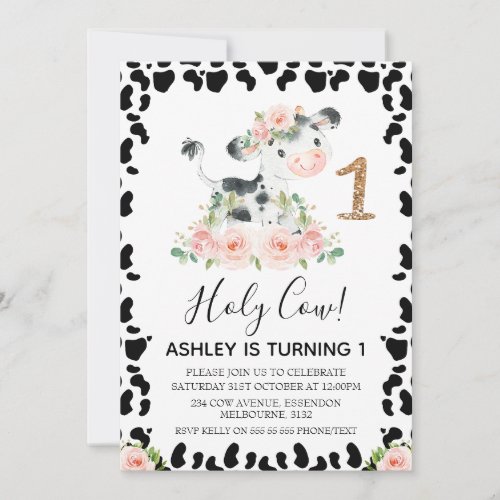 Blush Floral Holy Cow Cow Print 1st Birthday Invitation