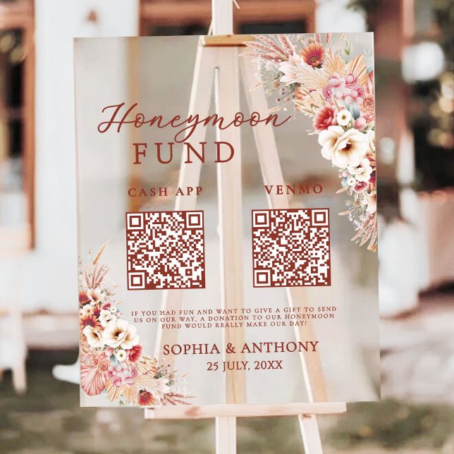 Blush Floral Honeymoon Fund QR Code Wedding Acrylic Sign (Creator Uploaded)