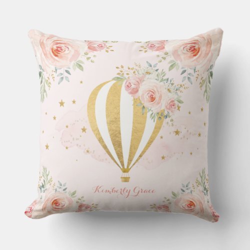 Blush Floral Hot Air Balloon Baby Girl Nursery Throw Pillow