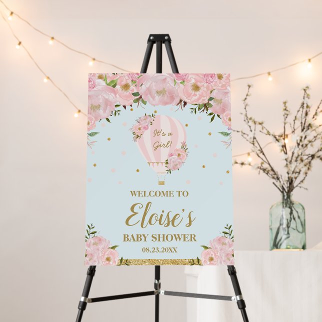 Blush Floral Hot Air Balloon Baby Shower Welcome F Foam Board (In Situ (Stand))