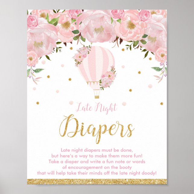 Blush Floral Hot Air Balloon Late Night Diaper Poster (Front)