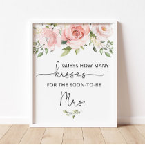 Blush floral how many kisses bridal shower game poster