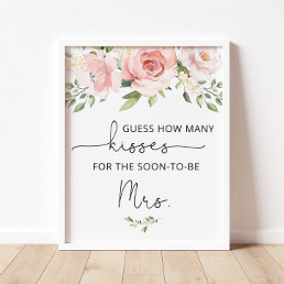 Blush floral how many kisses bridal shower game poster