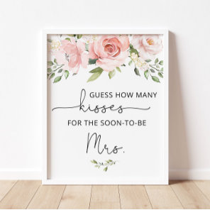 Blush floral how many kisses bridal shower game poster