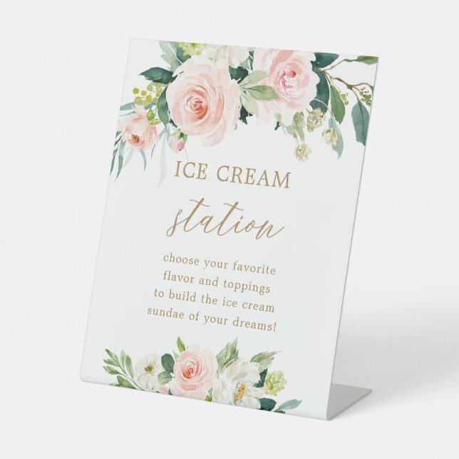 Blush Floral Ice Cream Bar Dessert Table Sign (Front)
