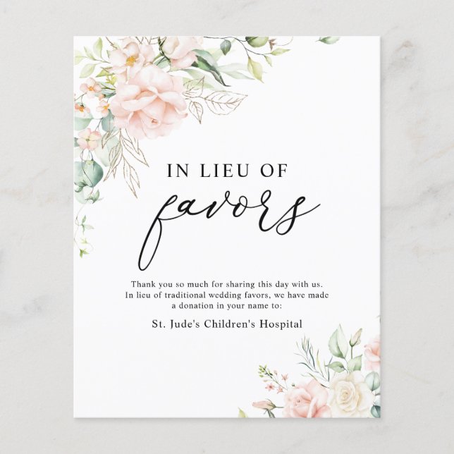 Blush Floral In Lieu of Favors Donation Sign (Front)