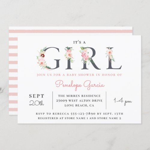 Blush Floral Its a GIRL Baby Shower Invitation