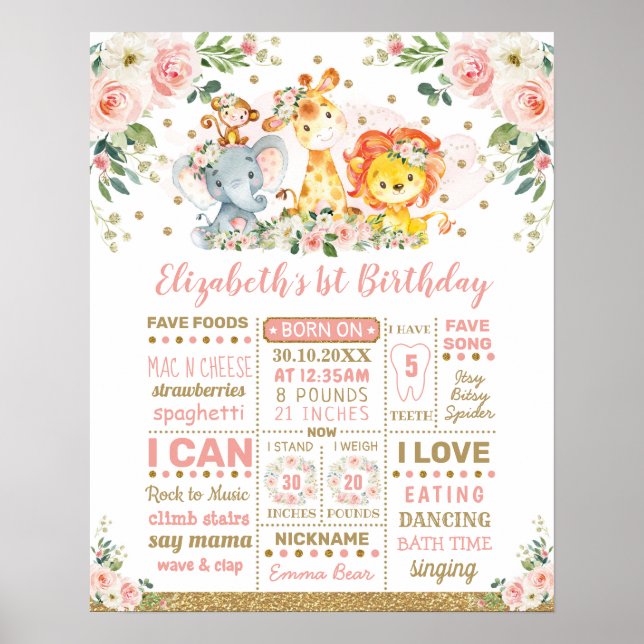 Blush Floral Jungle Animals 1st Birthday Milestone Poster (Front)