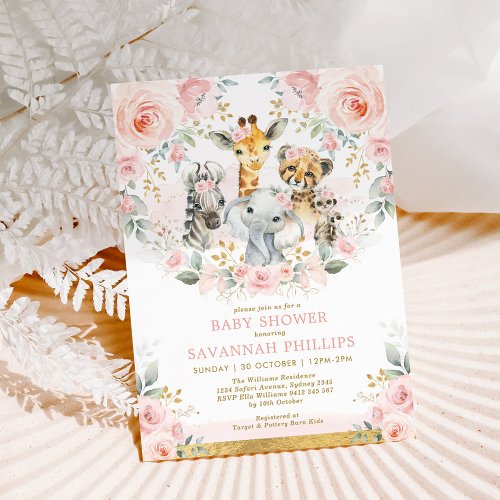 Blush Floral Jungle Safari Animals Baby Shower Invitation