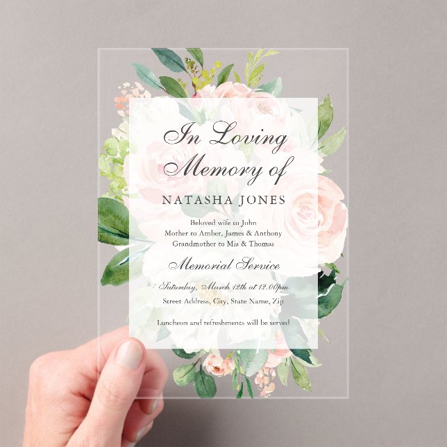 Blush Floral Leaf Clear Acrylic Memorial Service  Invitations (Insitu (Handheld))