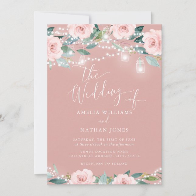 Blush Floral Leaf String lights Wedding Invitation (Front)