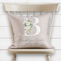 Blush Floral Letter B Monogram Baby Birth Stats Throw Pillow