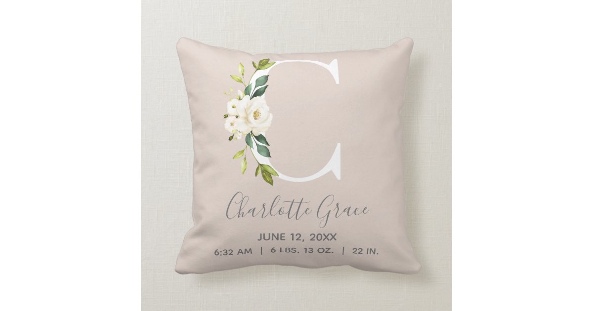 Blush Floral Letter C Monogram Baby Birth Stats Throw Pillow