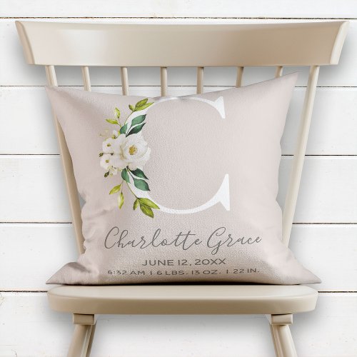 Blush Floral Letter C Monogram Baby Birth Stats Throw Pillow