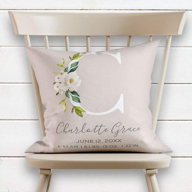 Blush Floral Letter C Monogram Baby Birth Stats Throw Pillow (Creator Uploaded)