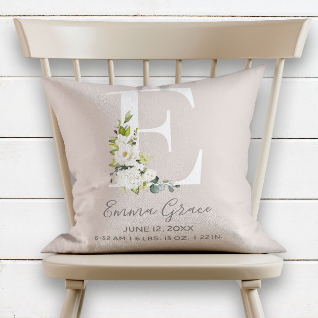 Blush Floral Letter E Monogram Baby Birth Stats Throw Pillow (Creator Uploaded)