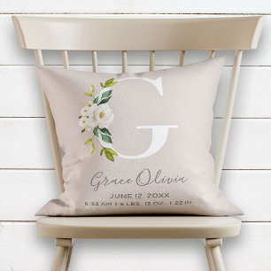 Blush Floral Letter G Monogram Baby Birth Stats Throw Pillow