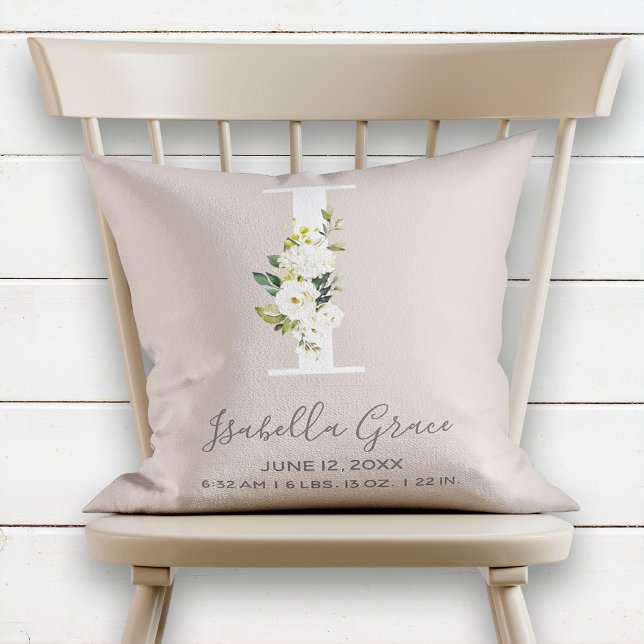 Blush Floral Letter I Monogram Baby Birth Stats Throw Pillow (Creator Uploaded)