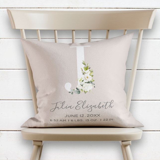 Blush Floral Letter J Monogram Baby Birth Stats Throw Pillow (Creator Uploaded)