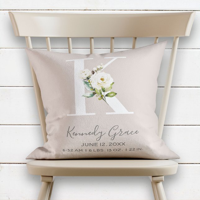 Blush Floral Letter K Monogram Baby Birth Stats Throw Pillow (Creator Uploaded)