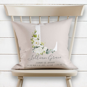 Blush Floral Letter L Monogram Baby Birth Stats Throw Pillow