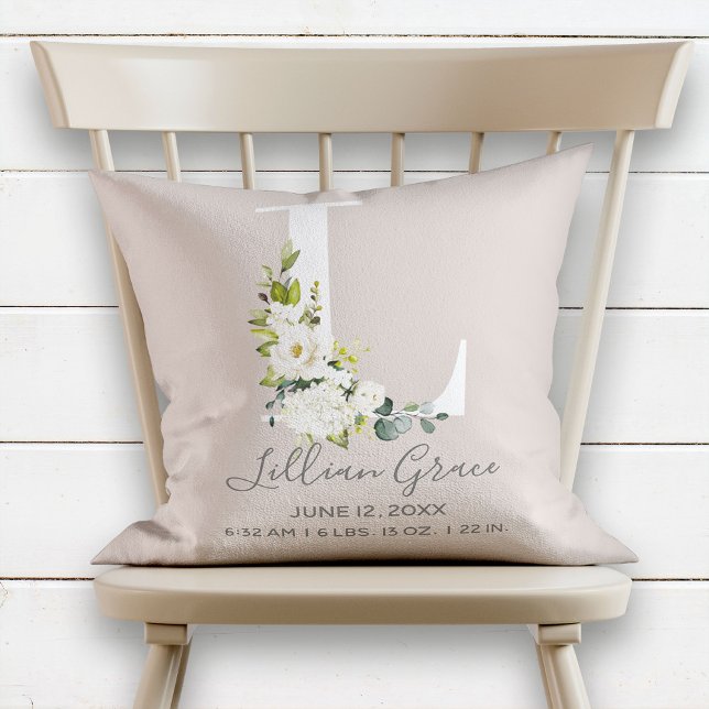 Blush Floral Letter L Monogram Baby Birth Stats Throw Pillow (Creator Uploaded)
