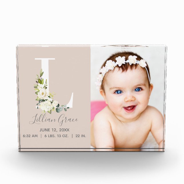 Blush Floral Letter L Photo Monogram Birth Stats (Front)