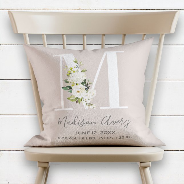 Blush Floral Letter M Monogram Baby Birth Stats Throw Pillow (Creator Uploaded)