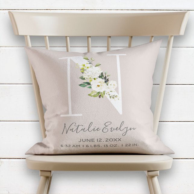 Blush Floral Letter N Monogram Baby Birth Stats Throw Pillow (Creator Uploaded)
