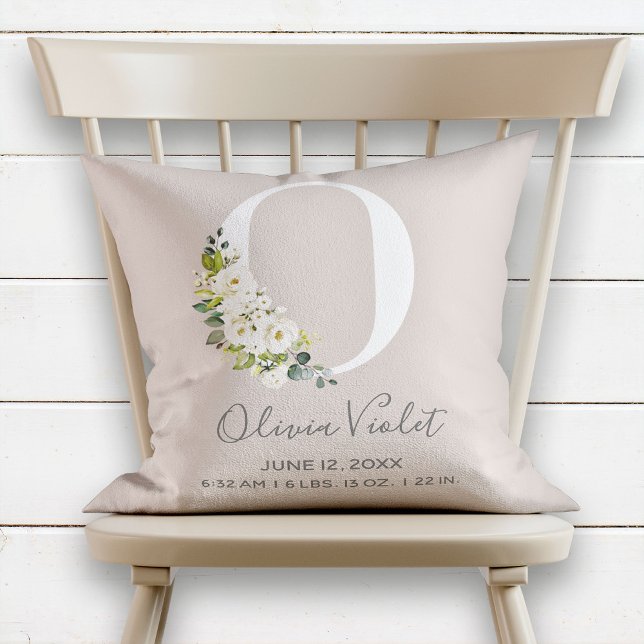 Blush Floral Letter O Monogram Baby Birth Stats Throw Pillow (Creator Uploaded)