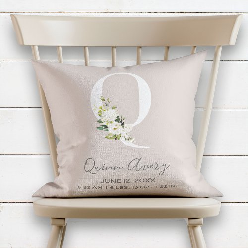 Blush Floral Letter Q Monogram Baby Birth Stats Throw Pillow