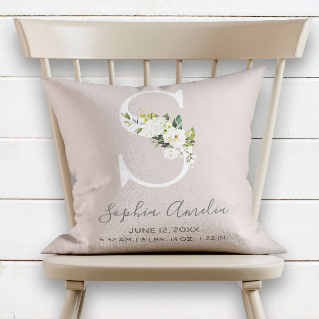 Blush Floral Letter S Monogram Baby Birth Stats Throw Pillow (Creator Uploaded)