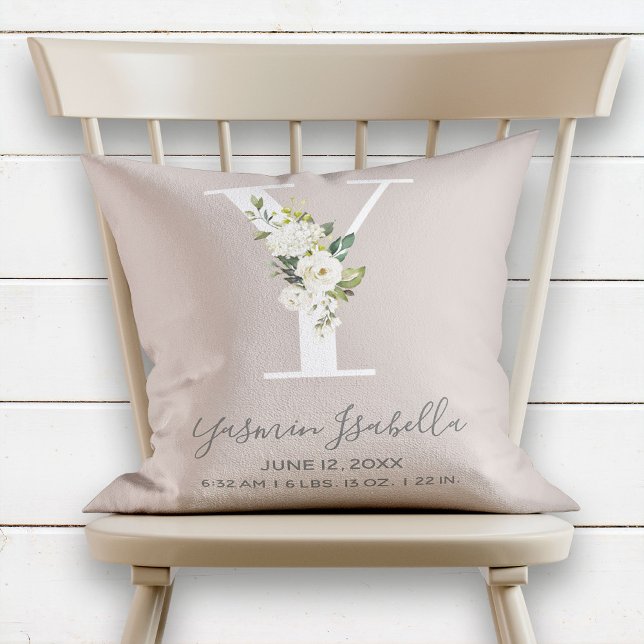 Blush Floral Letter Y Monogram Baby Birth Stats Throw Pillow (Creator Uploaded)