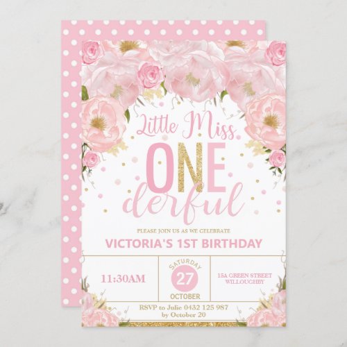 Blush Floral Little Miss Onederful 1st Birthday Invitation