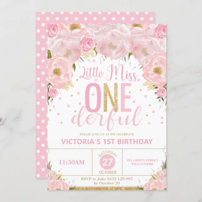 Blush Floral Little Miss Onederful 1st Birthday Invitation | Zazzle